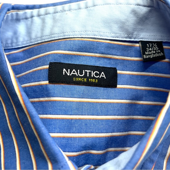 Sz 17.5 34/35 Nautica Blue/White/Orange Stripe Button Down Shirt - Picture 3 of 6